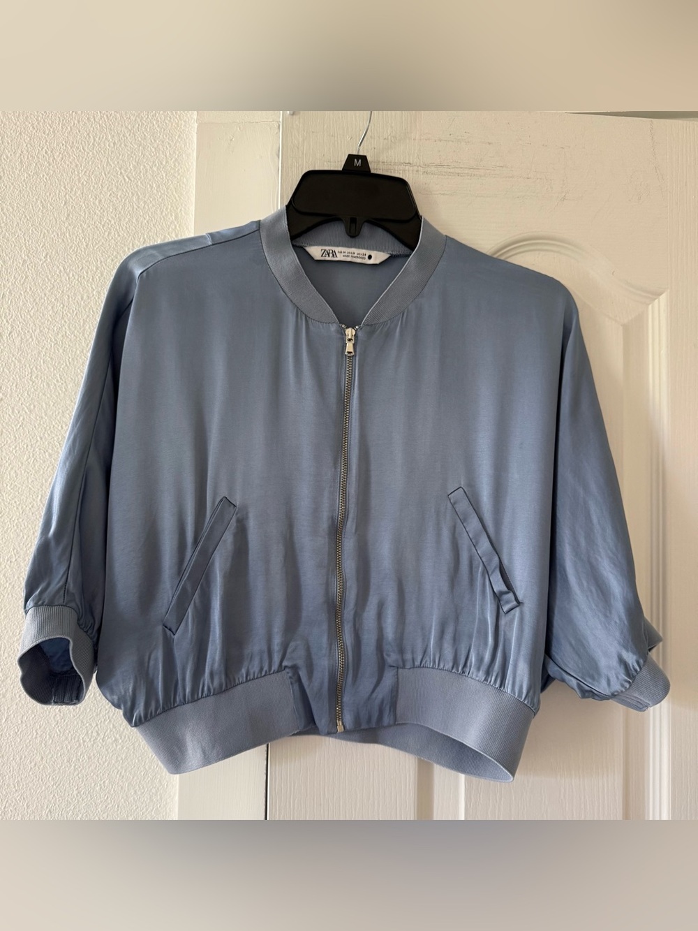 Zara Blue Cropped Bomber Jacket 100% Viscose Size M